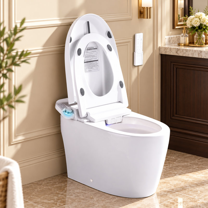Toilette allongée intelligente sans réservoir avec bidet, chasse d'eau automatique, siège chauffant, laveuse / sécheuse chaude, température de l'eau réglable, fonctionnement du pied, veilleuse, télécommande
