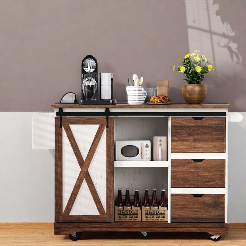 Kitchen Island With Drop Leaf, Barn Door, Power Outlet, And Spice Rack, Brown/White