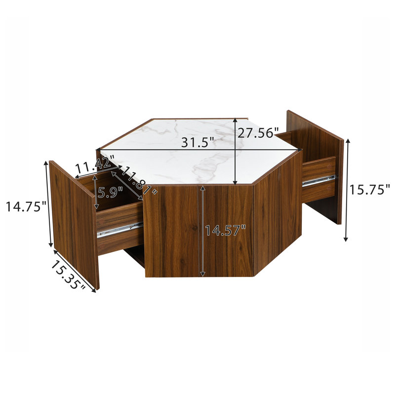 Table basse rustique en bois hexagonal avec tiroirs cachés et plateau en marbre blanc texturé