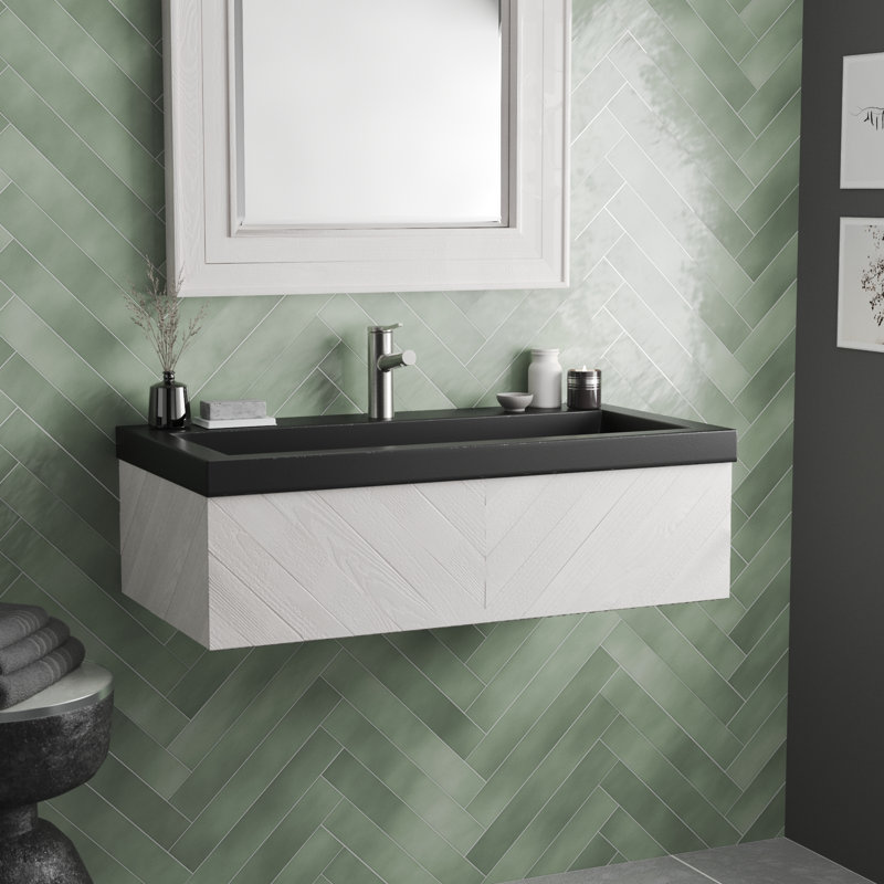 Trough Handmade Rectangular Bathroom Sink, Single Hole Faucet, Charcoal