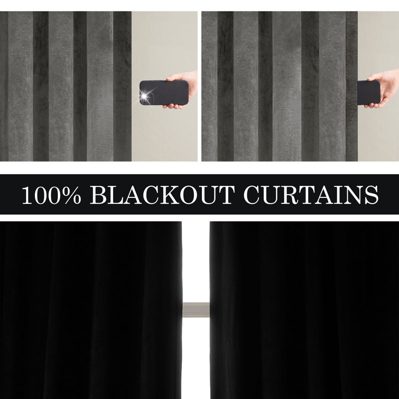 Alicea Velvet 100% Blackout Thermal Curtain Panel , 52" W x 96" L, Gray
