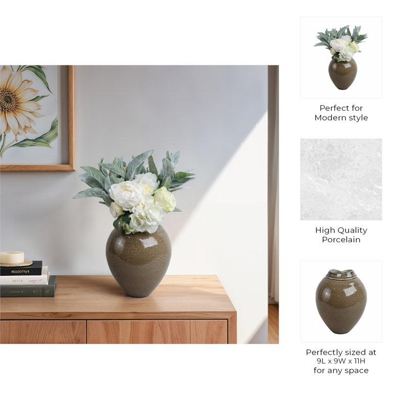Sagebrook Home 11" Callen Wide Porcelain Vase, Brown, 11" H x 9" W x 9" D