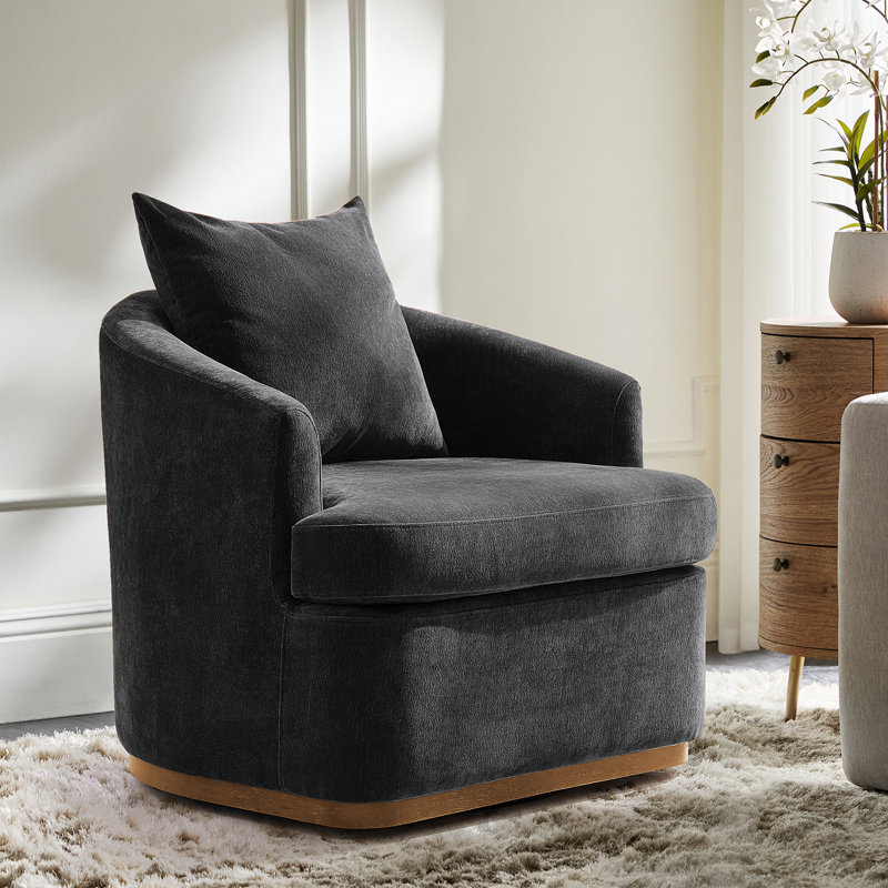 Fauteuil demi-tonneau pivotant en chenille moderne l 31 po Berklie avec accoudoirs uniques et pieds en bois massif, Noir