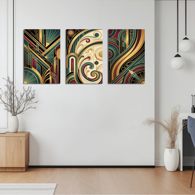 Art déco, motif géométrique sur toile tendue, impression sur toile, ensemble de 3 pour salon, chambre à coucher, décoration intérieure