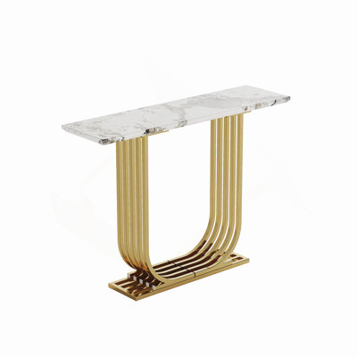 43.3-Inch Modern Wooden Imitation Marble Console Table, Narrow Design For Living Room And Bedroom, Space-Saving And Stylish