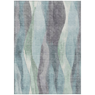 Machine Washable Indoor/Outdoor Xhevrie Teal Rug