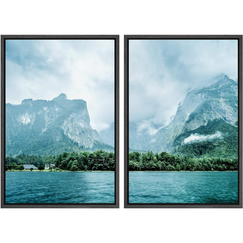 Winter Mountain Range Forest Lake - ensemble de 2 reproductions, Cadre flottant noir, H 24 po x l 32 po x P 1,5 po