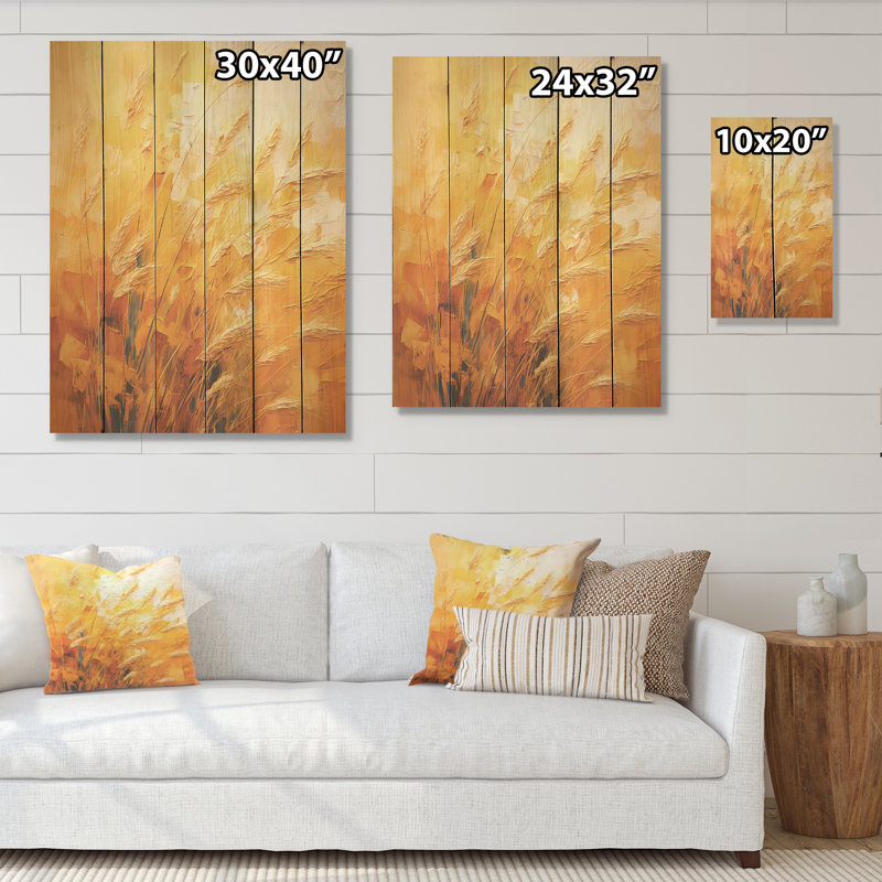 Coucher de soleil au coucher du soleil, paysage doré I - prairie, art mural sur bois de pin naturel, H 40 po x l 30 po