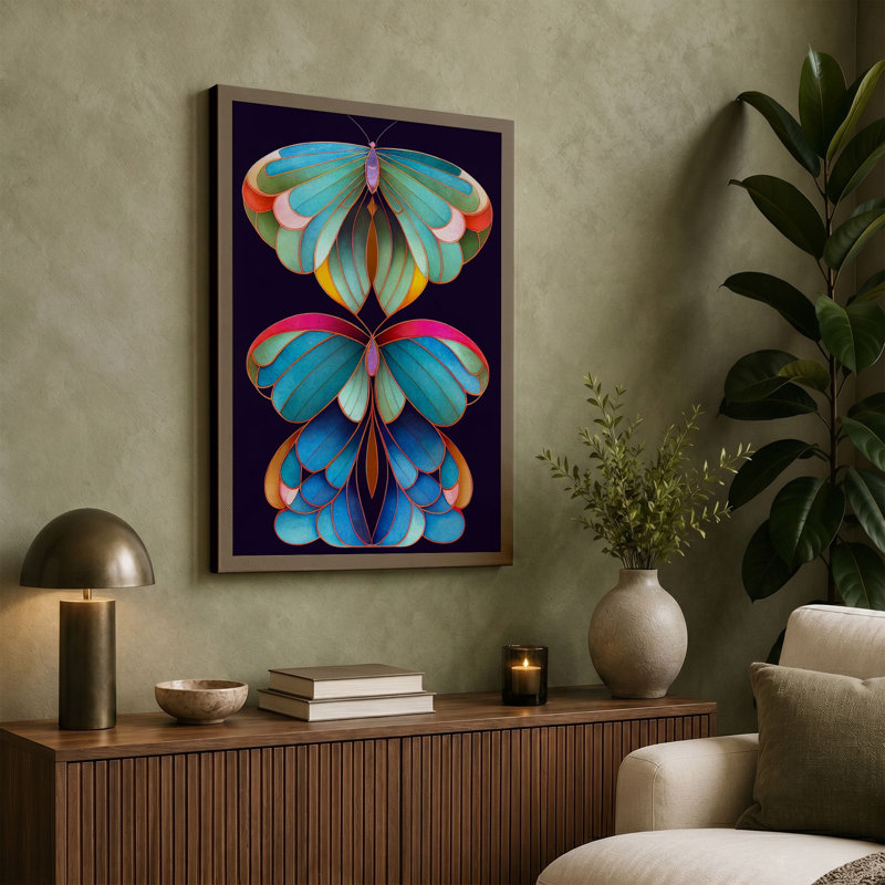 Jewelled Butterflies Geometric - Print, 30x20 - 76.2 x 50.8 cm, Teal Border