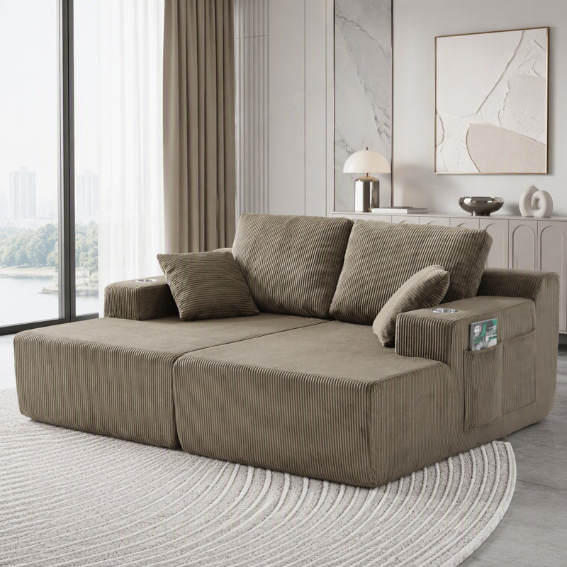 Canapé modulaire en U en velours côtelé avec méridienne en U, taupe