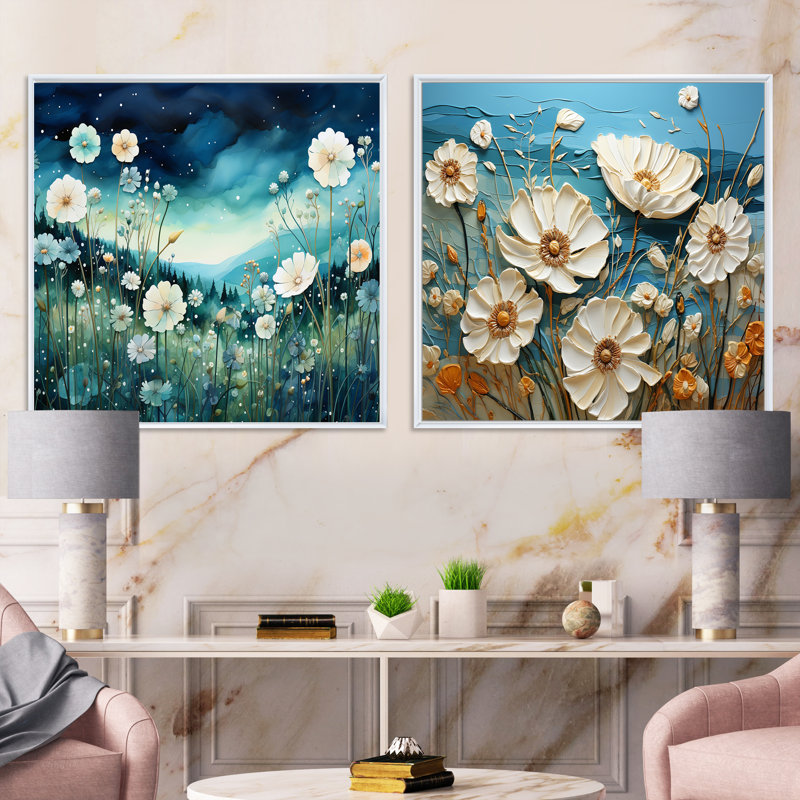 Misty Flower Meadows IV - ensemble de 2 collages floraux carrés, Cadre flottant blanc, H 36 po x l 73 po