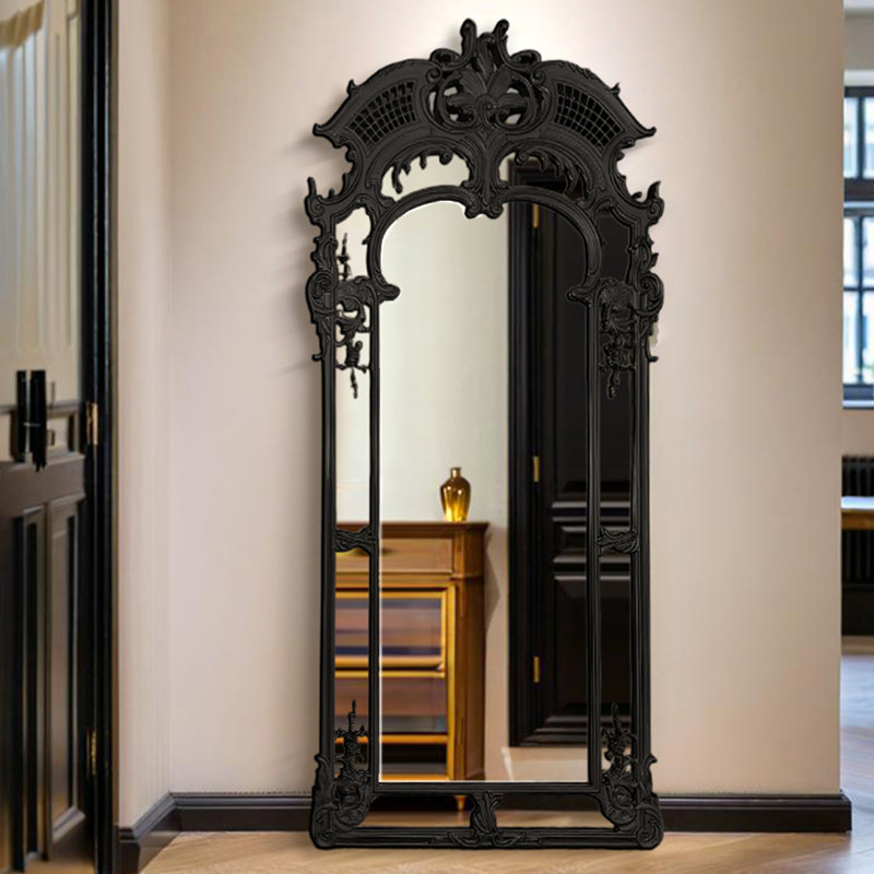 French-Style Vintage Engraved Wall-Mounted And Floor-Standing Full-Length Mirror, 39.37" x 78.74", Black