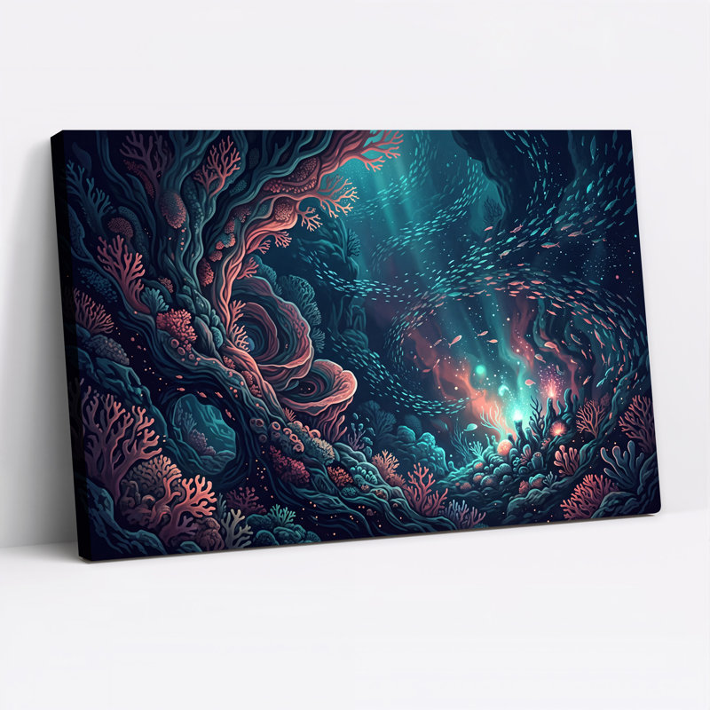 Art mural toile sarcelle et corail rose avec école de poissons tourbillonnante, H 12 po x l 18 po