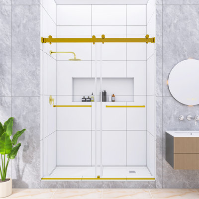 56-60 In. W X 76 In. H Frameless Double Sliding Shower Door In Brushed Gold Finish, 3/8'' (10Mm) Thick SGCC Tempered Glass, Reversible Installation, No Soft-Close