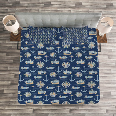 Acamas Blue/Beige Microfibre Bedspread Set