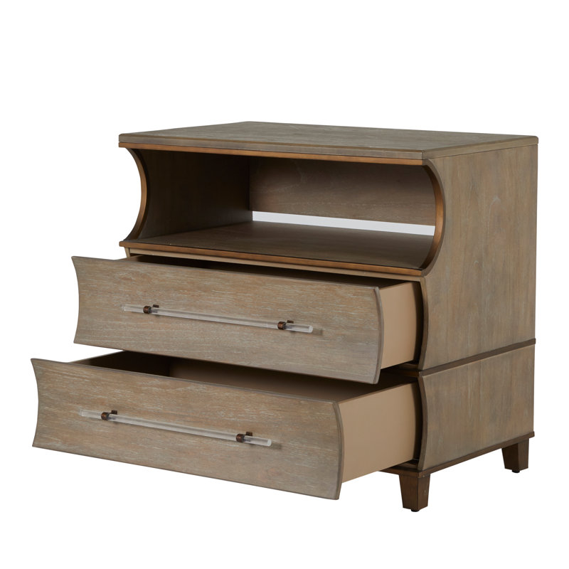 Evonne 2 - Drawer Solid Wood Nightstand in Cerused Natural Gray/Antique Bronze/Clear