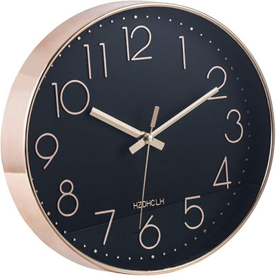 HZDHCLH Horloge murale noire de 12 pouces fonctionnant à pile, petite horloge murale silencieuse pour le salon, la chambre, la cuisine, le bureau et la salle de classe (or rose noir)