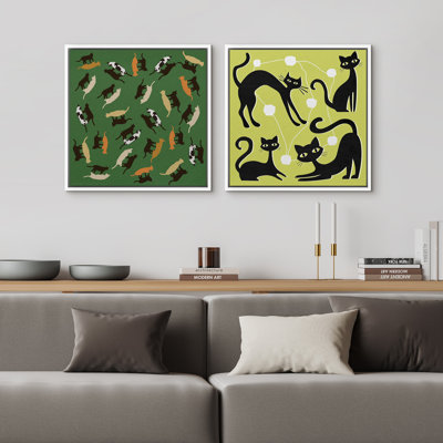 «Cat and Dog Abstract Animals», reproduction d'art sur toile encadrée dans la chambre principale