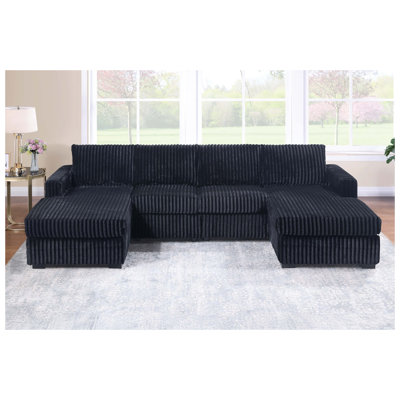 Black Finish 3pc U-Shaped Sectional Set Cushion Back Armless Chairs Right Arm And Left Arm Chaise Primary Living Room Comfortable For 4 People
