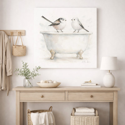 Reproduction sur toile tendue, "Tweeter & Tidy - Bath Time Birds"