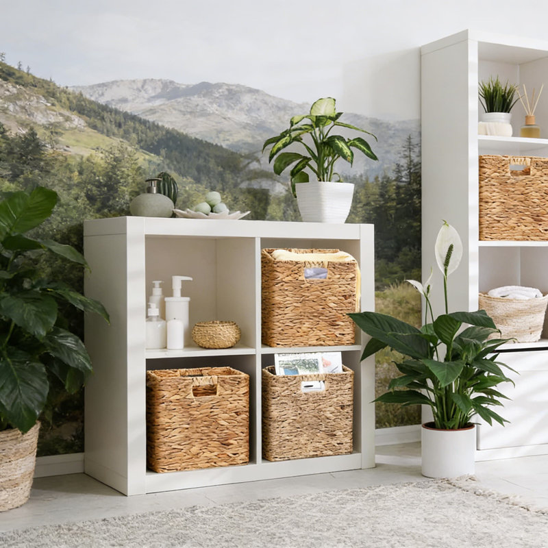 Paniers de rangement en jacinthe d'eau tissés à la main, ensemble de 12 bacs cubiques pliables avec étiquettes et poignées de tableau noir pour l'organisation à la maison, le garde-manger, les tablettes et la lessive