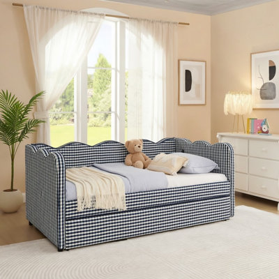 Lit de jour simple adorable en forme de vague en tissu de lin Vichy douillet ， avec port USB gigogne ， Aucun sommier nécessaire