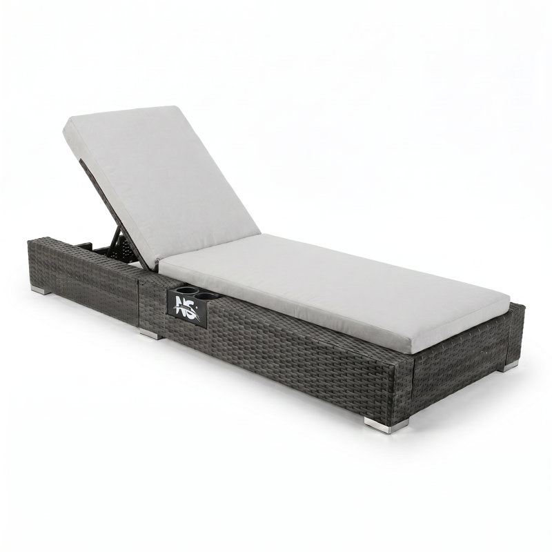   Chaise longue d'extérieur en osier PE avec dossier réglable avec coussin pour patio, jardin, bord de piscine, Gris clair