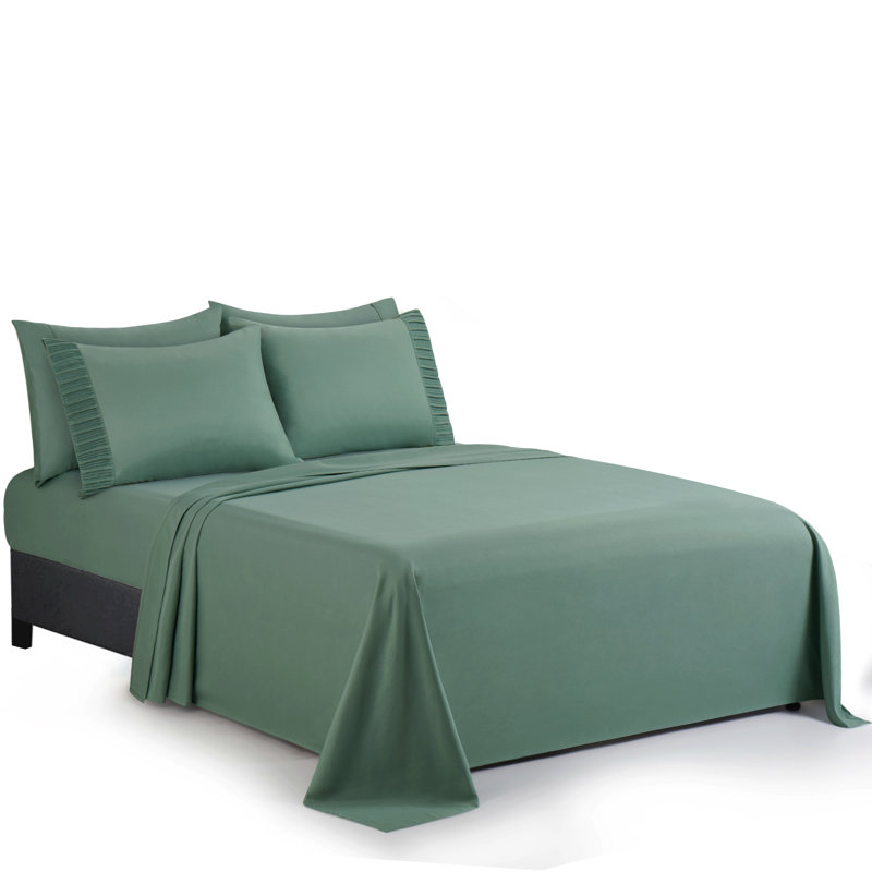 Queen Green Deep Pocket Polyester Bamboo Satin Sheet Set