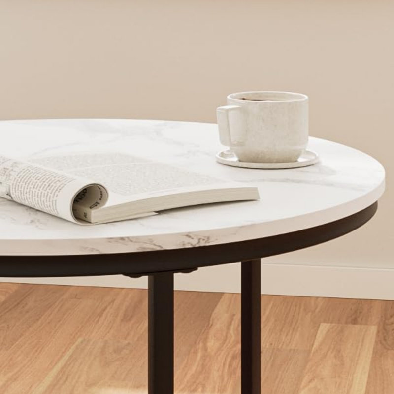 White Set of 2 End Table with Black Metal Frame Legs and Marble White Top for Bedroom Office