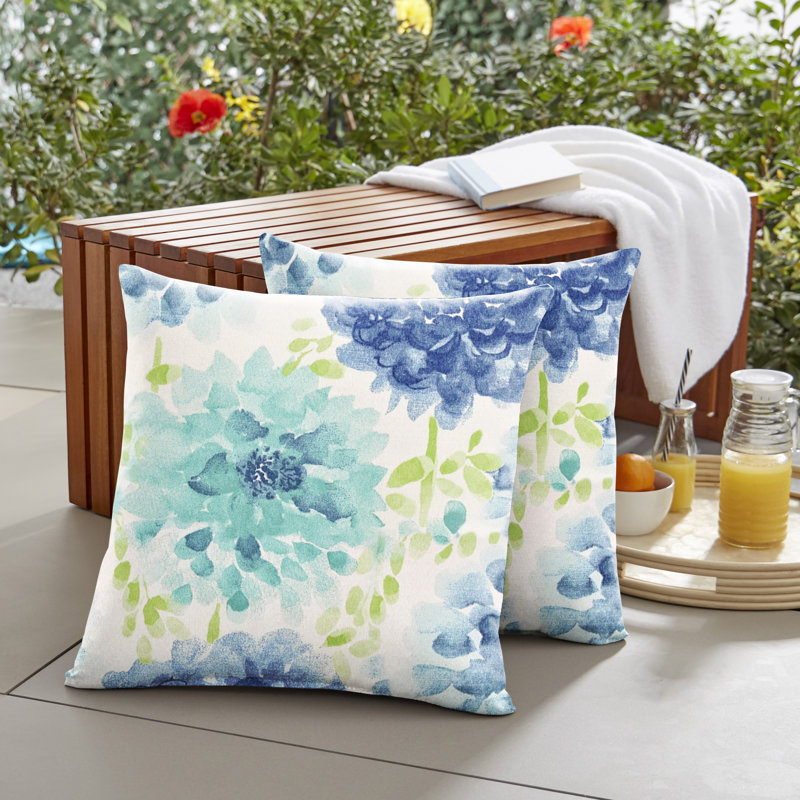 Gardenia Seaglass Floral Indoor/Outdoor Reversible Throw Pillow, 18" x 18" 