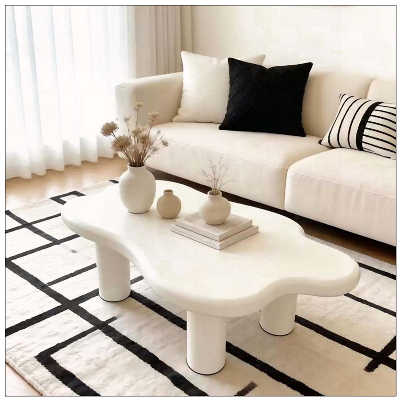 Table basse 40 po en bois avec 4 pieds ronds, petite table basse mignonne et table centrale irrégulière, Blanc