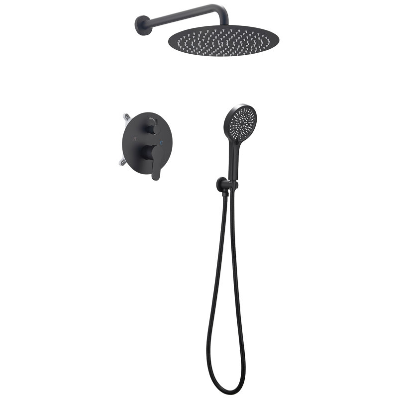 Round Shower Faucet Matte Black Shower System With 12 Inches Rain Shower Head And Handheld Spray