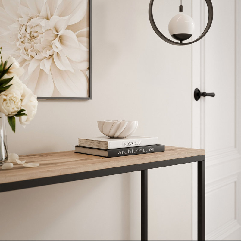 Stainless Steel Top Console Table, 90cm H x 80cm W x 30cm D, Wotan Oak, Black