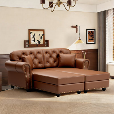 Canapé Chesterfield avec capitonnage à boutons Mid-Century 63 po avec garniture cloutée et 3 repose-pieds