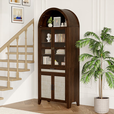 79" Tall Arched Bookcase With Rattan Mesh Storage Compartment, 6-Tier Modern Display Cabinet with Glass Doors, Shelves and Drawers for Living Rooms, Offices and Kitchens