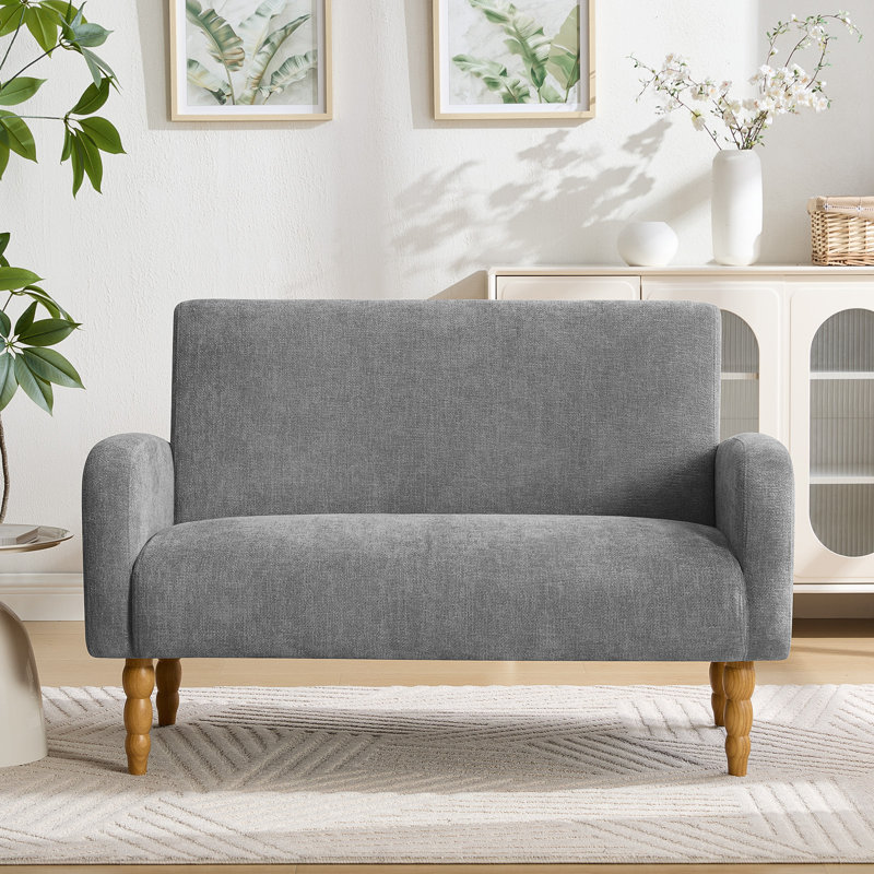 Small 2 Seater Sofa With Solid Rubberwood, Mid Century Modern Fabric Loveseat Sofa for Living Room Bedroom Office, Grey