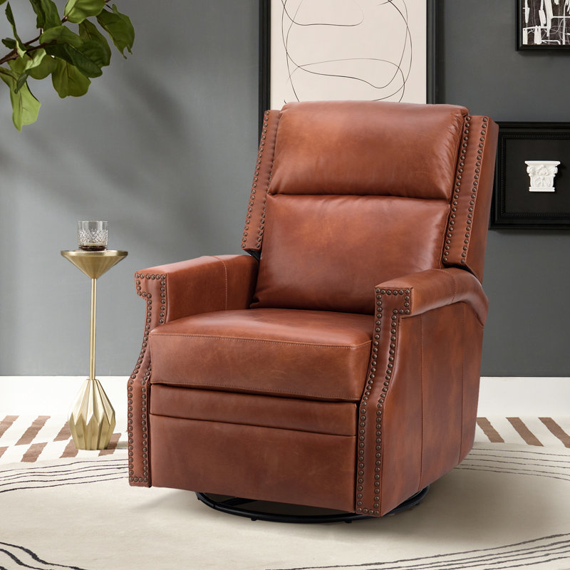 Manning 29.6" Wide Genuine Leather Manual Recliner, Brown Pebbled Genuine Leather