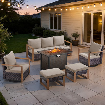 Drazen 7 - Person Patio Furniture Set With Fire Pit Table, All-Weather Wicker Outdoor Conversation Set With Chair And Thick Cushions