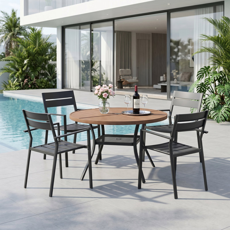 4-Person Round Patio Dining Set With Stackable Chairs, Brush Wood Brown/Black