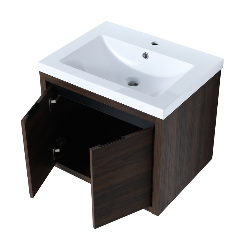 Armoire de salle de bain 24 po avec lavabo et fixation murale - noyer, unité de meuble-lavabo en résine, pouces, portes à fermeture douce, design chic