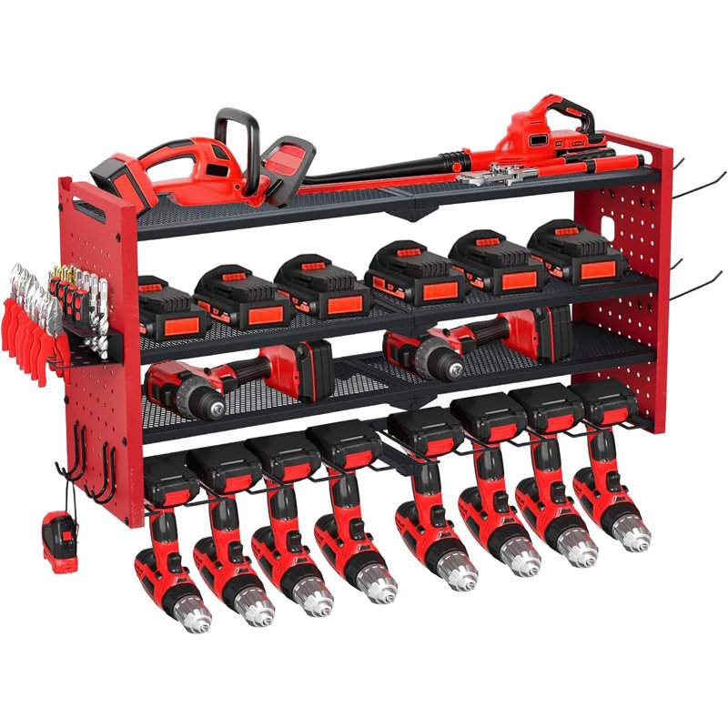 Support mural pour outils électriques avec station de charge, support de garage robuste à 3 couches avec 8 prises, 4 tablettes de rangement pour perceuse avec crochets, support de batterie pour tablette de perceuse pour garage, établi