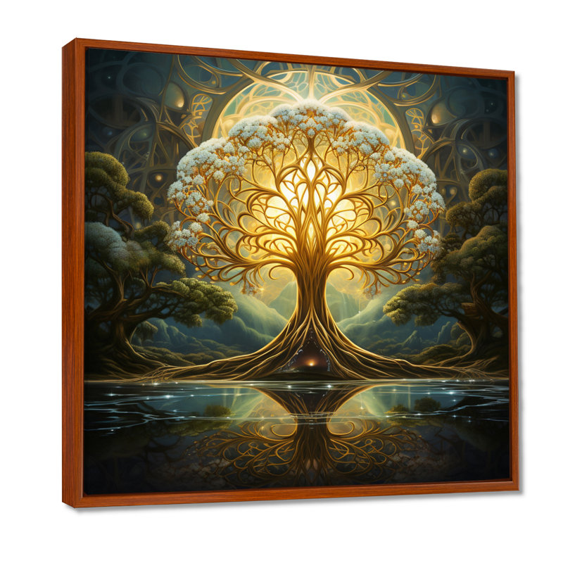 Magique arbre de vie pleine lune magique - Art mural sur toile chêne, Toile avec cadre flottant brun