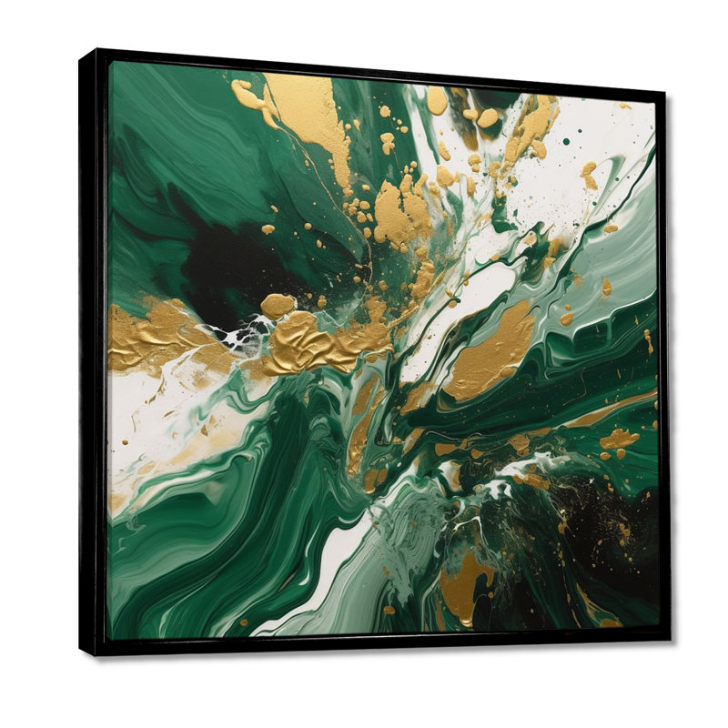Magie liquide verte et dorée I - Impressions abstraites encadrées, Noir, Reproduction avec cadre flottant, 44" H x 44" W