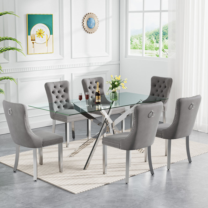 Darlene 60" Glass Dining Table Set Modern Dining Room Table Set  X-Shape Pedestal Glass Table with Dining Chairs, Dining Set for Dining Living Room