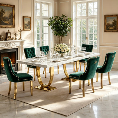 7 Piece Faux Marble Dining Table Set for 6, 70.8" Rectangular Kitchen Table with 6 Velvet Tufted Chairs, Gold Stainless Steel Base, Dining Room Table Set for Dinner Gathering