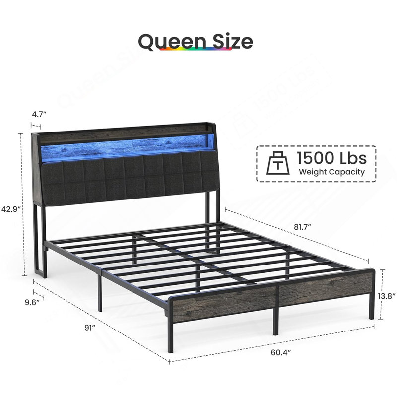 Cadre de grand lit, tête de lit ergonomique avec rangement multi-espace, cadre de lit avec station de charge lumières à DEL RVB