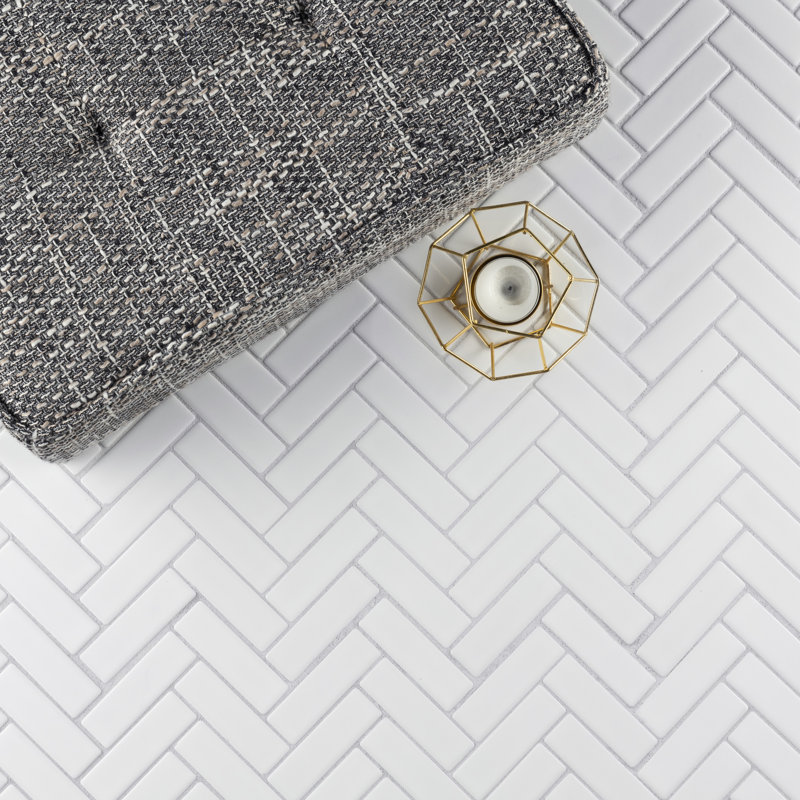 Metro Brick Herringbone 10-5/8 " x 12-1/2 " Porcelain Mosaic Floor and Wall Tile, Glossy White