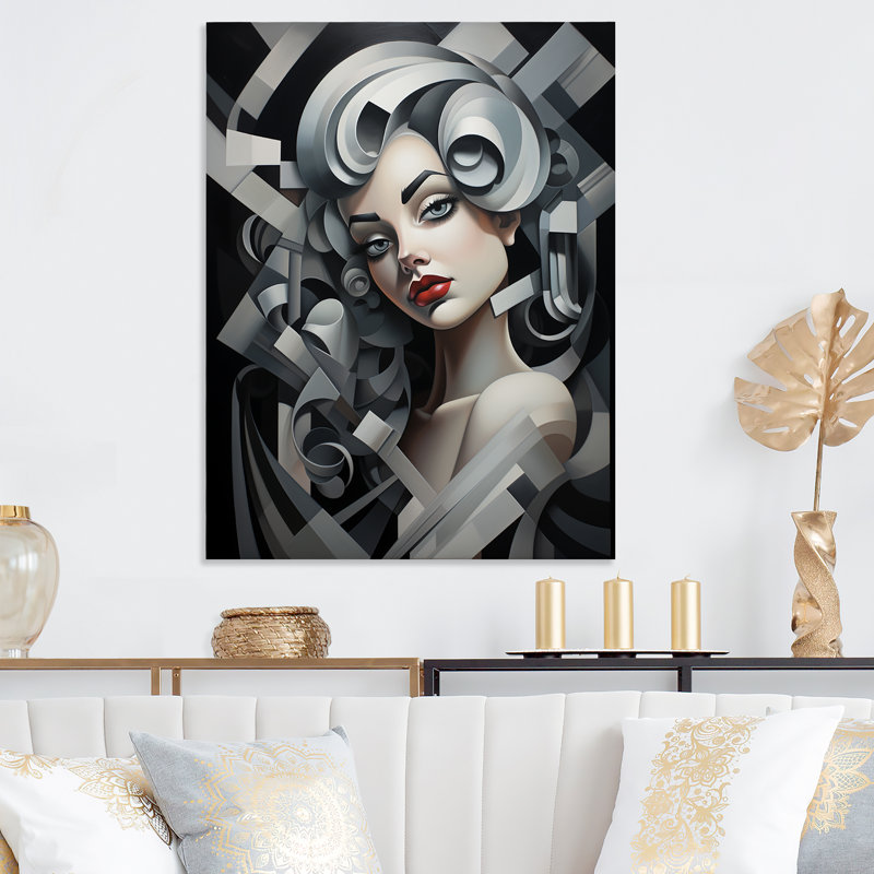 Portrait de femme cubique noir et blanc III - art en métal tendance, H 40 po x l 30 po x P 1,5 po