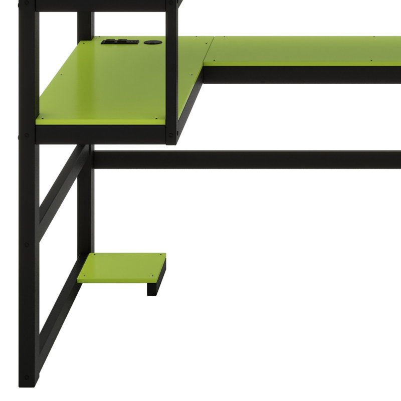 Lit mezzanine multifonctionnel en bois avec bureau intégré, tablettes de rangement et éclairage RVB, Lit simple, Vert