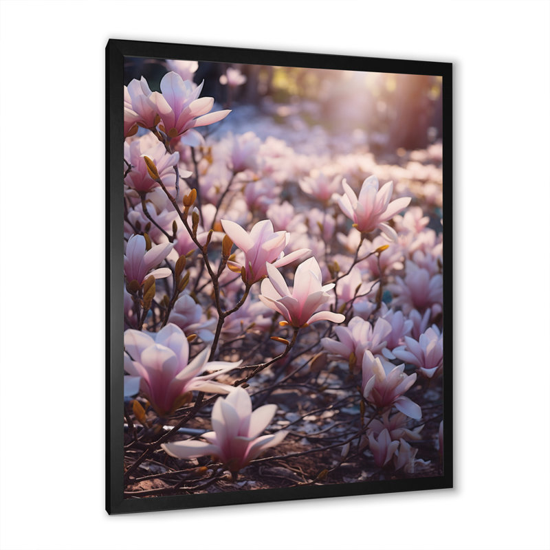 Rose, brun, magnolia, nature, sérénité II, H 32 po x l 16 po x P 1 po, Cadre simple noir